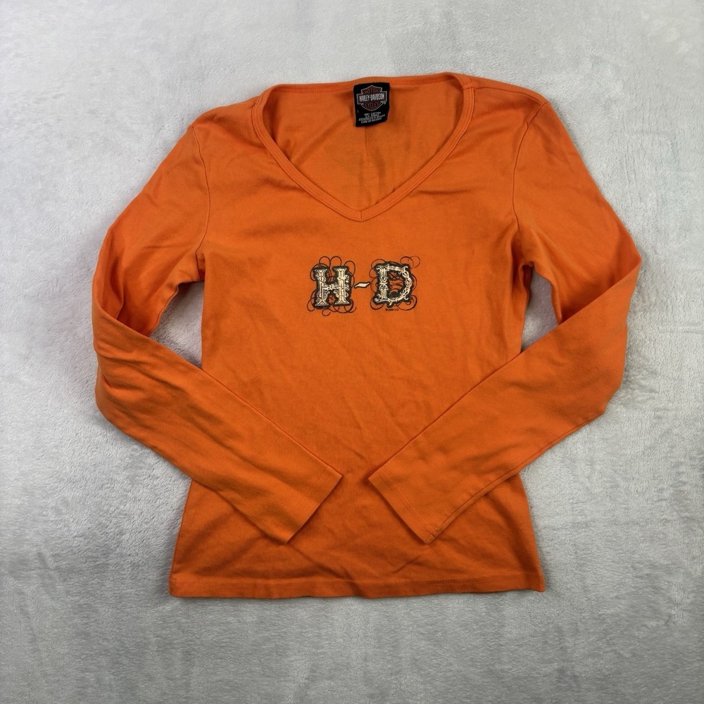 Y2K 2005 Harley Davidson Las Vegas Orange Long Sleeve V-Neck Shirt Women's LG